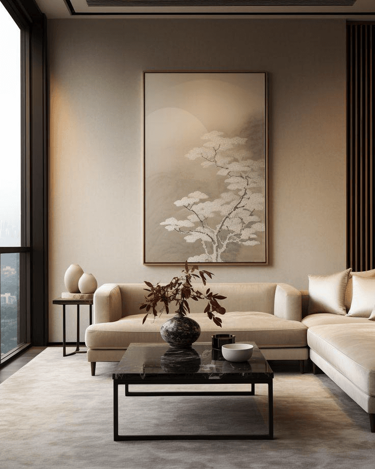 Modern Zen living room with balanced Feng Shui elements and natural materials