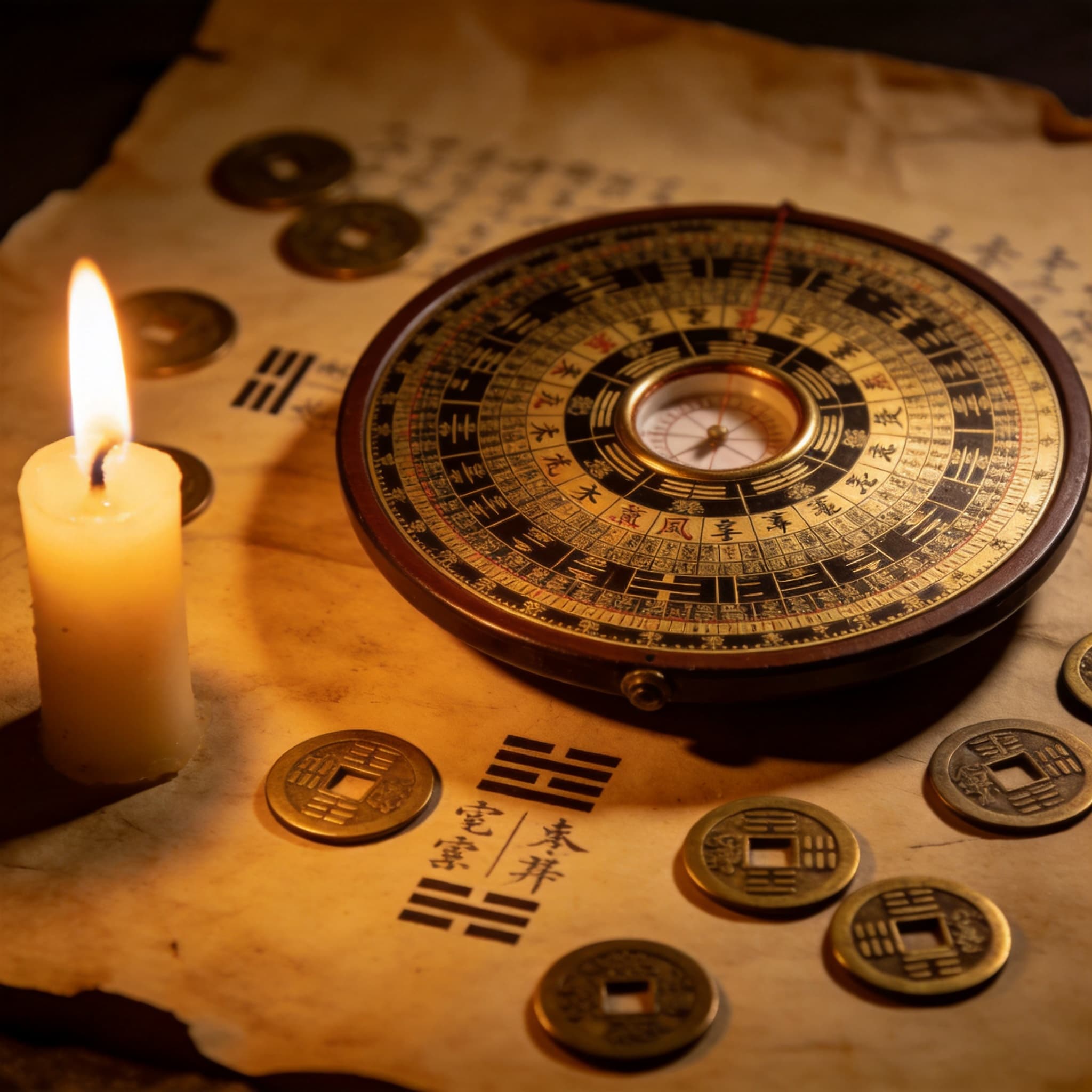 Feng Shui luopan compass with ancient parchment