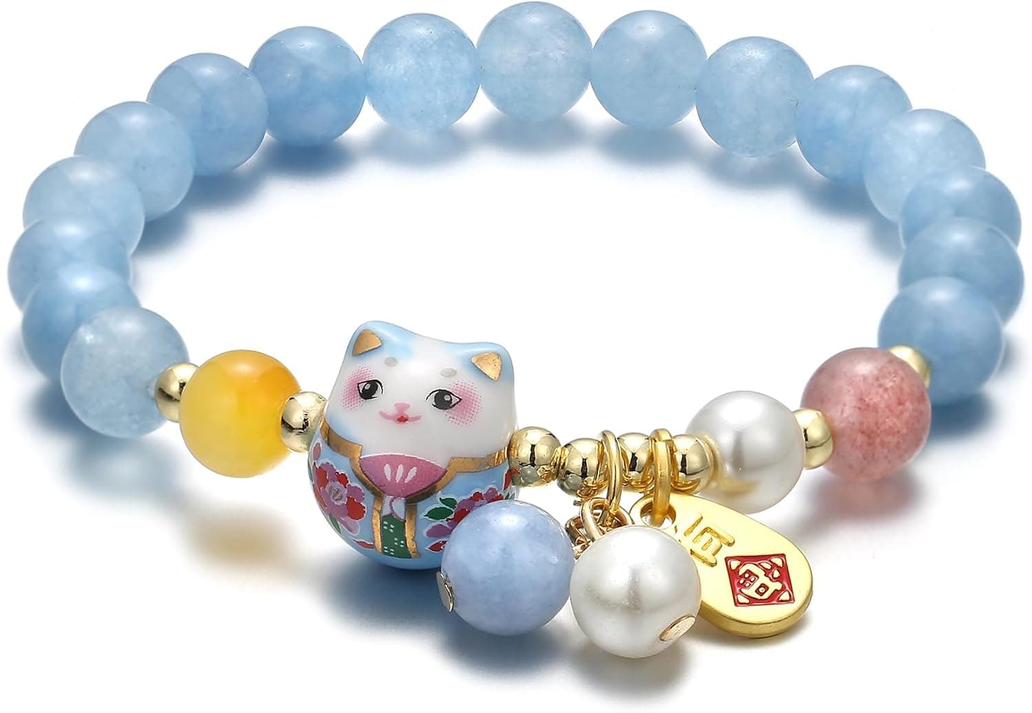 Feng Shui Lucky Cat Bracelet with Blue Crystal & Ceramic Cat Pendant