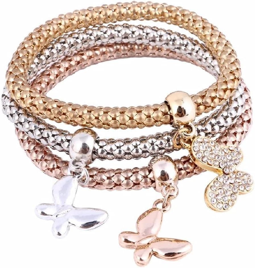 SILANER Crystal Charms Multilayer Bracelets - 3PCS Gold/Silver/Rose Gold Corn...