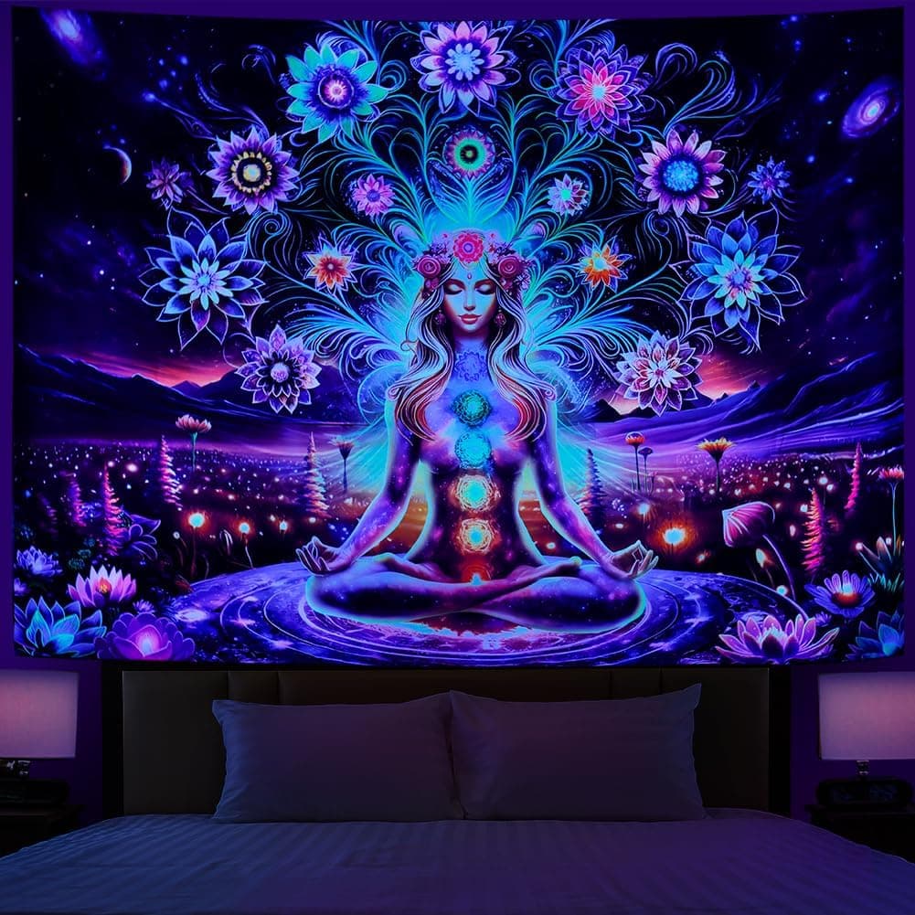 Dermijer Blacklight Seven Chakra Yoga Meditation Tapestry Flower Chakra Tapes...