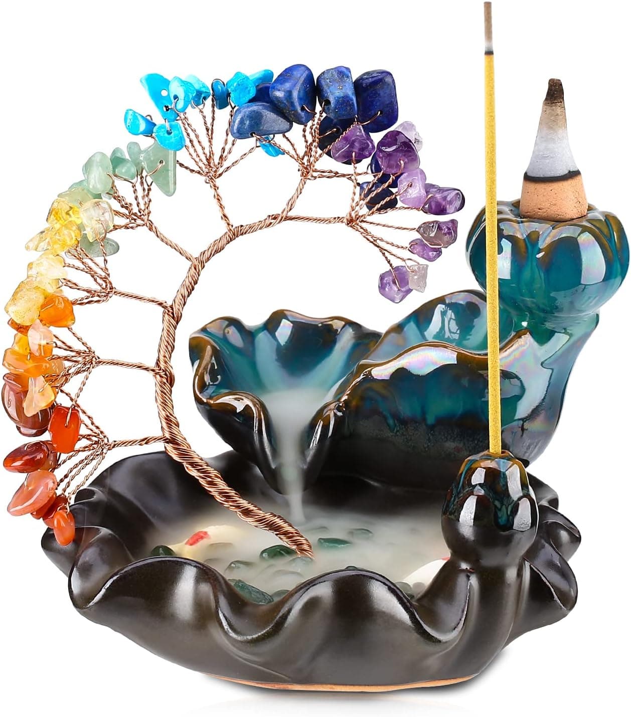 Backflow Incense Burner Ceramic Incense Waterfall 7 Chakras Crystal Tree Ince...