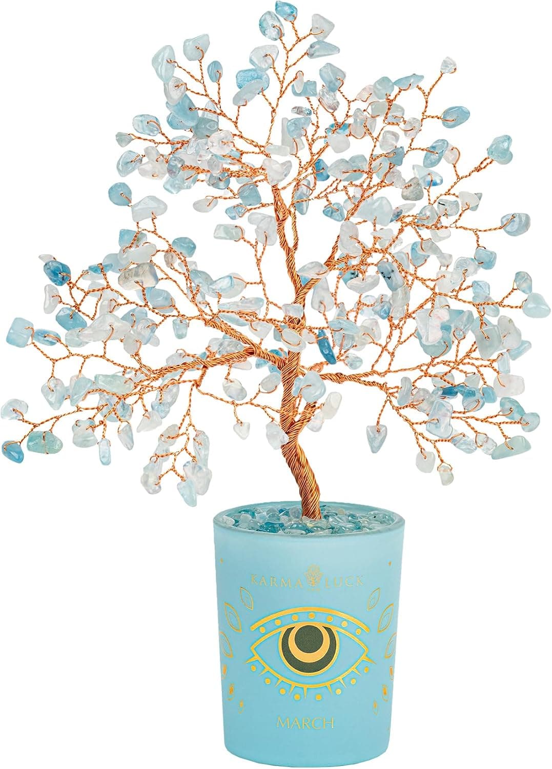 Karma and Luck March Birthstone Crystal Tree of Life, Aquamarine Gemstone Fen...