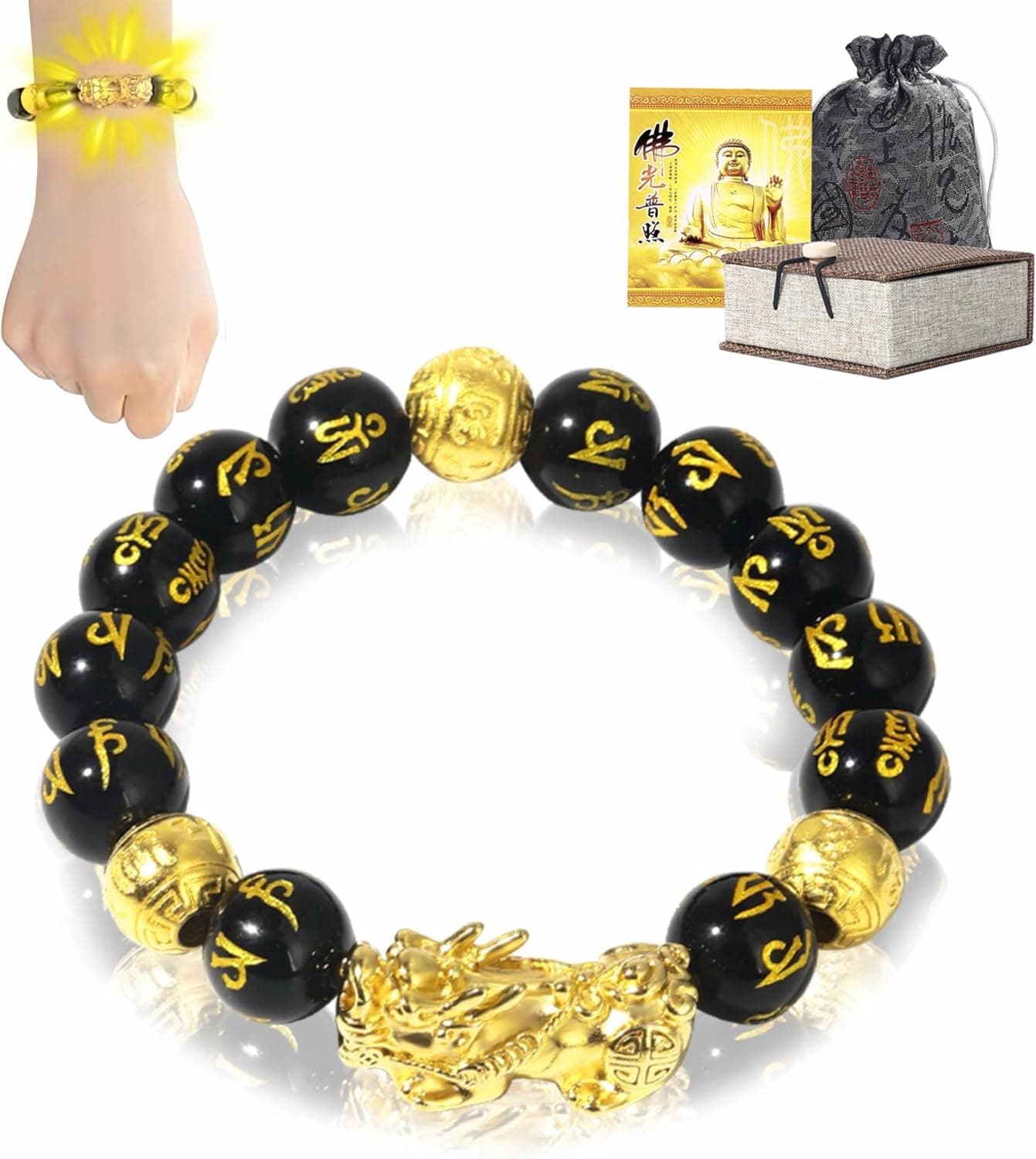 biuufish Feng Shui Black Obsidian Bracelet for Men Women, 24K Gold Plated Pix...