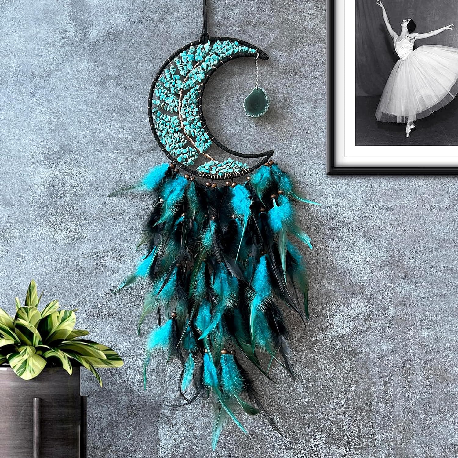 Moon Dream Catchers with Chakra Gemstone Agate Stone, Crystal Tree Life Dream...
