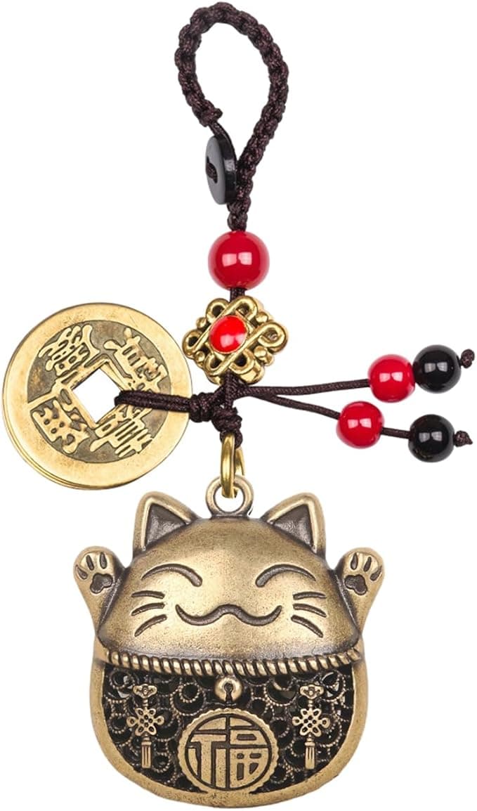 Brass Lucky Cat Keychain with Coins